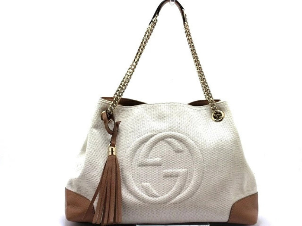Gucci Chain Shoulder Bag Soho Canvas Calfskin White Beige Cream